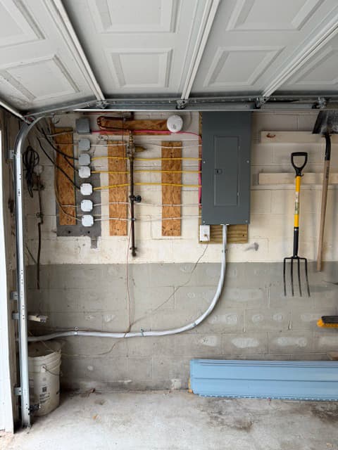 A newly installed electrical panel in a garage